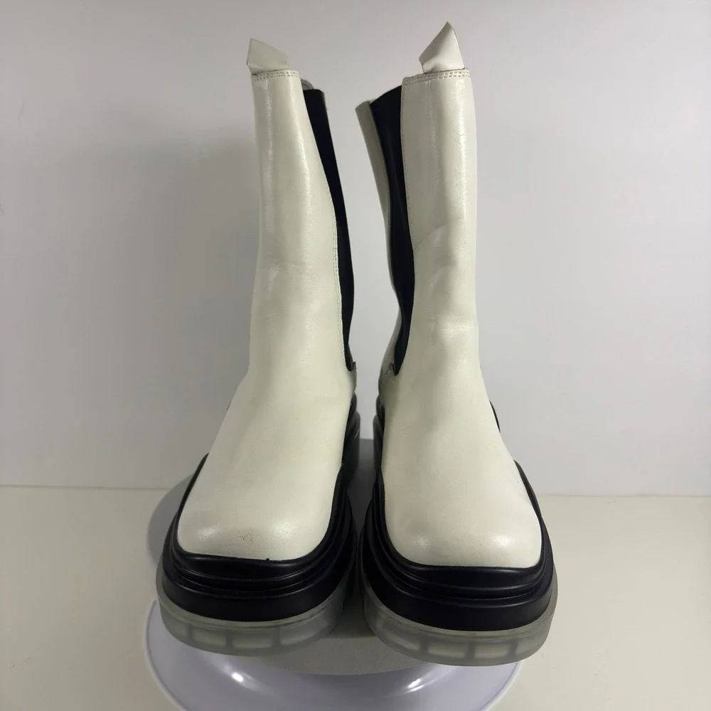 White Leather Platform Chelsea Boots Chunky Lug Sole Mid‎ Calf Womens Size 7